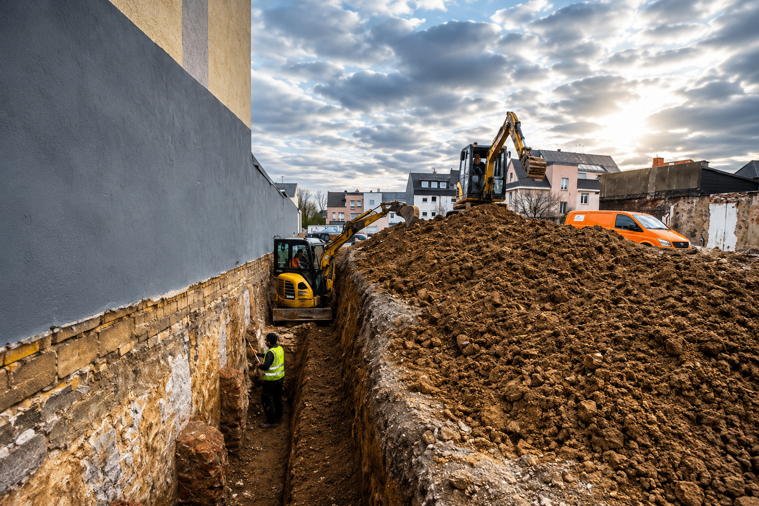 Bagger bei Erd- und Aushubarbeiten auf einer Baustelle