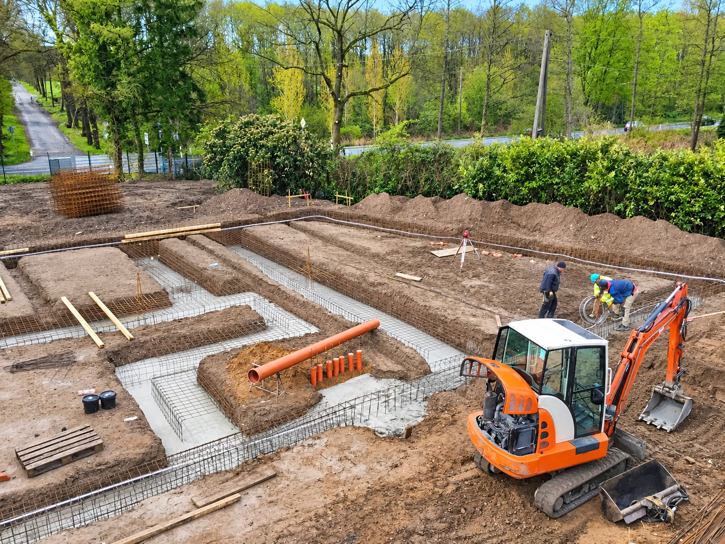 Vorbereitete Streifenfundamente mit Bewehrung und Schalung vor der Betonage