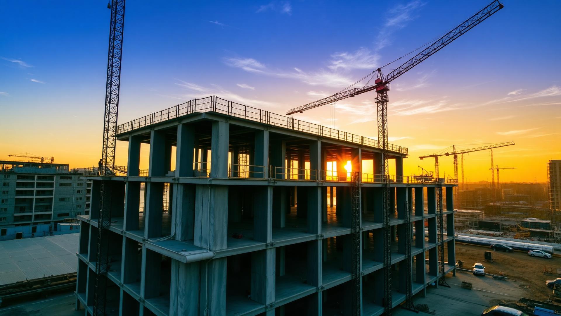 Baustelle mit Kränen im Sonnenuntergang